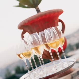 Angled image of eight glasses of chilled sparkling wine on a tray carried by a waiter past a plant potted in a mounted urn.