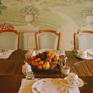 A huge fruit bowl, a honey pot and vintage crockery await Amaryllis's breakfasters at a table in front of a vineyard mural.