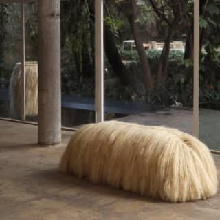Fernando Laposse's Dog Bench, created with a coat of pale Agave Sisal, provides a dramatic and playful addition to a foyer.