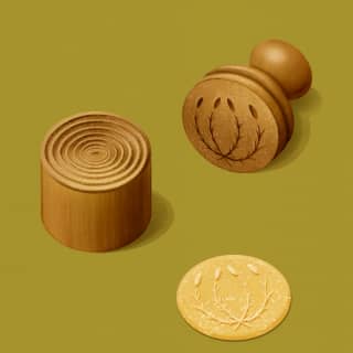 Illustration of a corzetto pasta disc next to the wooden stamp top and base which has given it a debossed floral pattern.