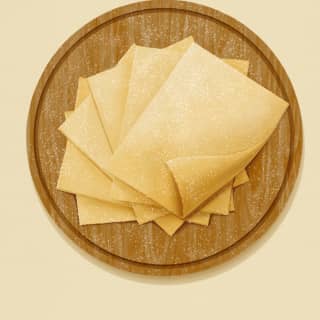 Illustration of pasta sheets called Mandilli de Saea, meaning silk handkerchiefs, stacked on a round wood chopping board.