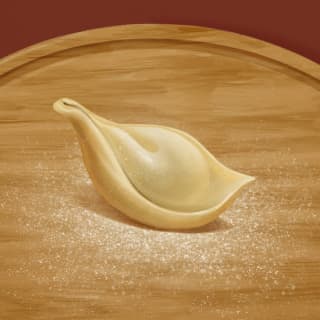 Illustration of a triangular raviolo called a Pansotto, stuffed to look 'pot bellied', on chopping board dusted with flour.