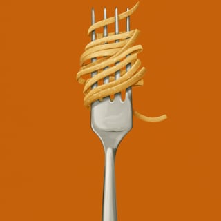 Illustration of Trenette - slim, flat strands of pasta - twisted around a fork and held up against a deep orange background.