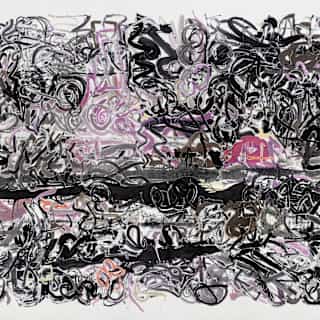 Abstract painting featuring dense, layered black and grey scribbles and swirls, interspersed with hints of pink and white, covering a rectangular canvas. The chaotic lines create a sense of movement and energy.
