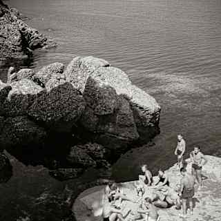1936 monochrome photo of a group of men and women in swimming suits basking on a rock with a Dalamation, by Herbert List.
