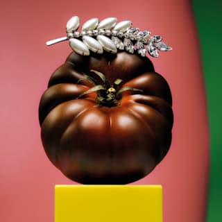 In an artistic composition, a maroon beef tomato akin to a Black Krim sits on a yellow plinth, adorned with a silver laurel.