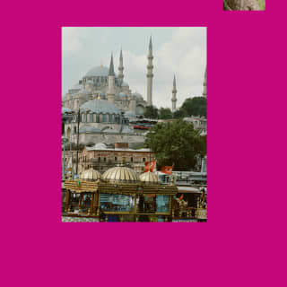 An image of Süleymaniye mosque's broad domes and turrets, presented on a pink background with a photo of a statue's head.