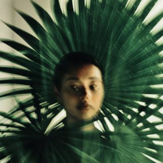 Artistic long-exposure image of a woman's face surrounded by fan palm leaves, with one like a flamboyant headdress behind.