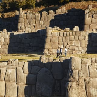 Huge stone blocks in terraced hillsides form spectacular Inca ruins in the Scared Valley near Cusco