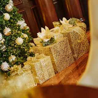 Angled image of five decorative gold presents ascending in size by a Christmas tree dripping with white and silver baubles.
