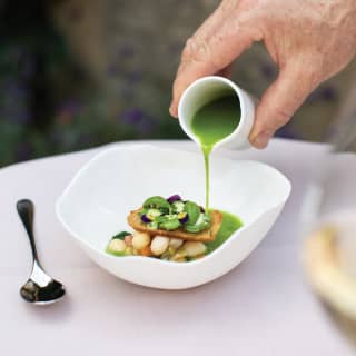 Green salad dressing poured into a wavy bowl filled with contemporary cuisine