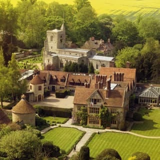 Aerial view of Belmond Le Manoir aux Quat'Saisons in a small country village