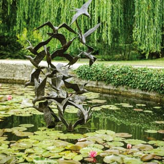 A bronze sculpture of a flock of diving swallows grows up out of a pond, its base anchored among flowering lily pads