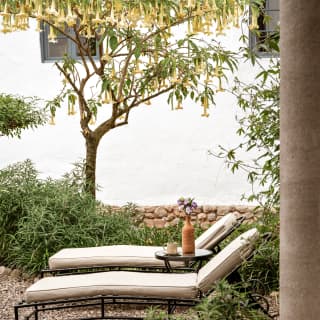 Side-on shot of two beige sun-loungers, divided by a small round table with a coffee cup and budvase, in a quiet garden corner.