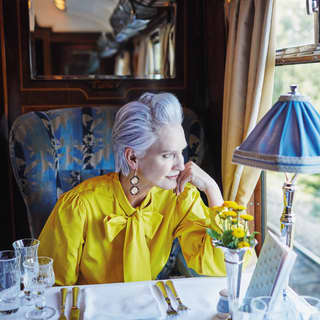 An elegant woman in a yellow blouse with large pussy bow gazes out of her carriage window as she sits at her dining table