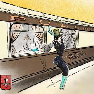A 1950s-style illustration features a dancing woman in a feathered top hat posing outside the Pullman carriage, Zena