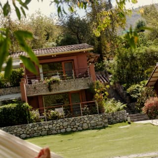 Angled image of lawn and a plant-covered residence, seen over the foot of a guest relaxing in a hammock, in soft-focus.
