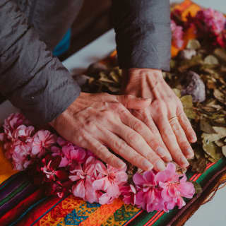 A woman's hand over pink flower petals and leaves