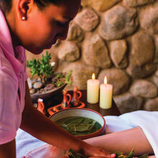 A spa therapist applies leaves to a guest’s calves as part of a specialist wellness therapy treatment
