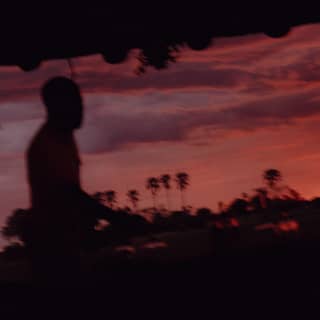 Blurred image of staff, silhouetted in front of a sunset of mauve, lilac and strawberry, with palm trees on the horizon.