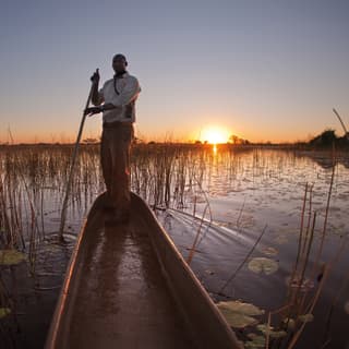 Guide standing on the edge of a mokoro canoe sailing on a river at sunrise