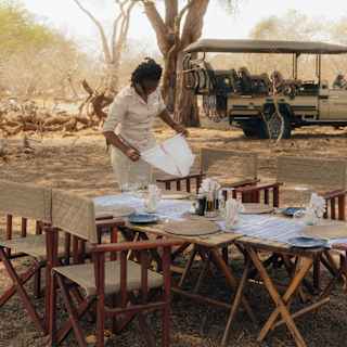 A female staff member prepares a table for a bush lunch experience, with a jeep behind, parked beneath an acacia tree.
