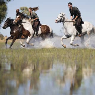 Una pareja paseando a caballo por una pradera inundada