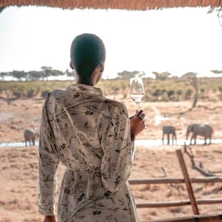 A woman holds a glass of wine while watching a herd of elephants from her terrace