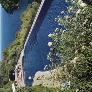 The deep blue of the hotel pool matches the deep blue of Portofino Bay behind as it opens out into the Mediterranean Sea