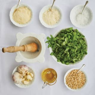 ingredients of Genovese sauce on a table  