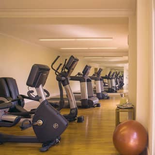 A row of professional fitness equipment stands on a polished wooden floor looking out at stunning views of Portofino Bay