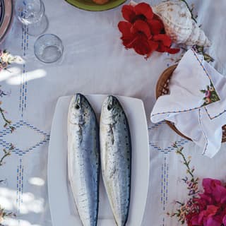 Birds-eye-view of two freshly caught mackerel side-by-side on a white platter