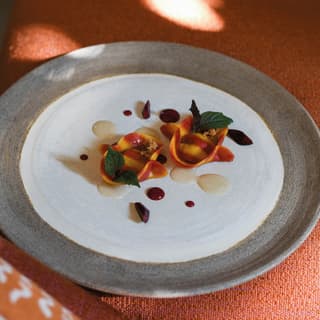 Two tortelloni, drizzled with red sauce and garnished with herb leaves, rest in the centre of a grey-rimmed stoneware plate.