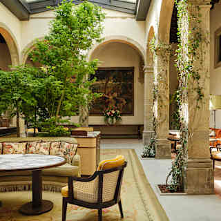 Elegant indoor courtyard with stone columns wrapped in ivy, a large tree, a patterned rug, a round table, a cushioned bench, and a yellow-cushioned chair under a glass ceiling. Natural light brightens the space.