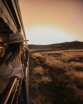 A female passenger in a brimmed hat leans on the railings of the observation deck as the sun sets over the golden plains.