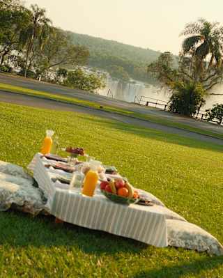A picnic set-up on a green lawn with a white cloth, plates of food, fruit, and glasses of orange juice. There are trees, a lake, and distant hills in the background under a clear sky.