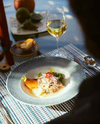 At an al-fresco table, a shaft of sunlight settles on a vibrant dish of ceviche served in a bowl, accompanied by white wine.