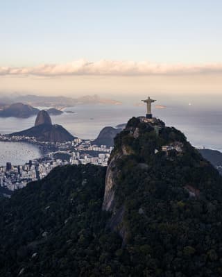 An aerial view of Christ the Redeemer statue in Rio, taken from a helicopter