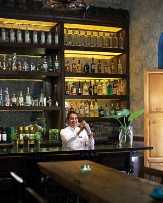 A smiling barman mixes cocktails in a shaker at the Blue Bar of the Casa de Sierra Nevada