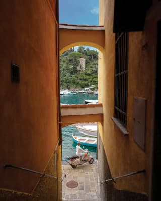 A harbour view from narrow Portofino building gap