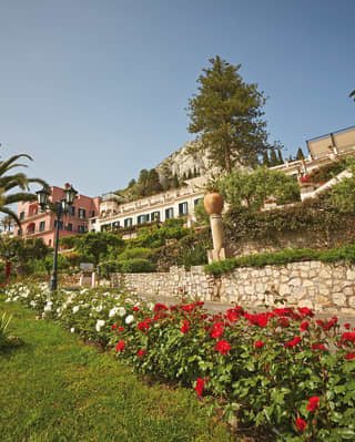 Red and white roses line a garden pathway. Palms and and pine trees dot the scene in front of the white and pink hotel facade