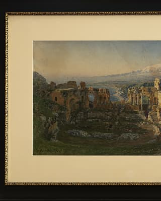 A late 19th century painting of the Greek Theatre with snow-covered Mount Etna behind by the artist Otto Friedrich Geleng