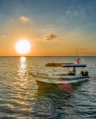 The Dedari cruise boat sails into the watery golden reflection of the huge setting sun as it kisses the ocean horizon.