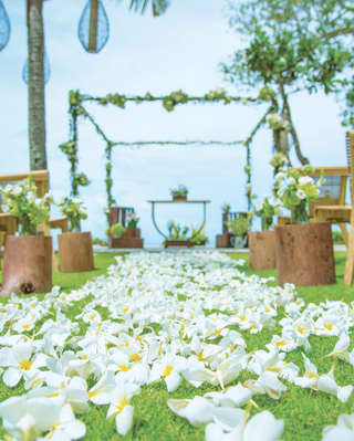 Scattered white and yellow frangipani flowers create a fragrant path between chairs, leading to the altar of a lawn wedding.