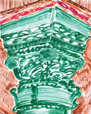 An illustration of a supporting column with scrolls and engravings, in green brushwork and loose lines by Manon Cezaro.