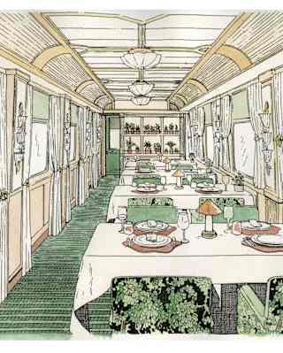 A sketch shows a green-themed Britannic Explorer dining car with four tables with botanic-print chairs along the right side.