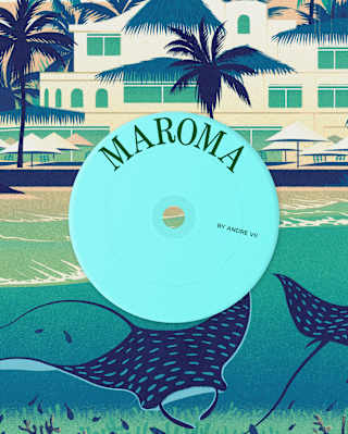 A turquoise vinyl record labelled MAROMA and BY ANDRE VII is centred over an illustrated tropical background with palm trees, a building, and a pool.