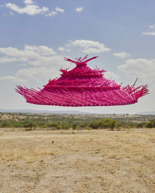 A magenta, wicker cacti lampshade, sourced in Tequisquiapan by Mestiz designs, floats above a grass plain in a styled shot.