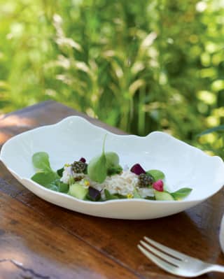 A bowl sits beside a glass of wine on a wooden table in a garden filled with lambs lettuce, cubes of cucumber and blackberries