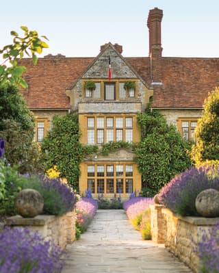 Stone path lined with lavender leading to a vast rural mansion